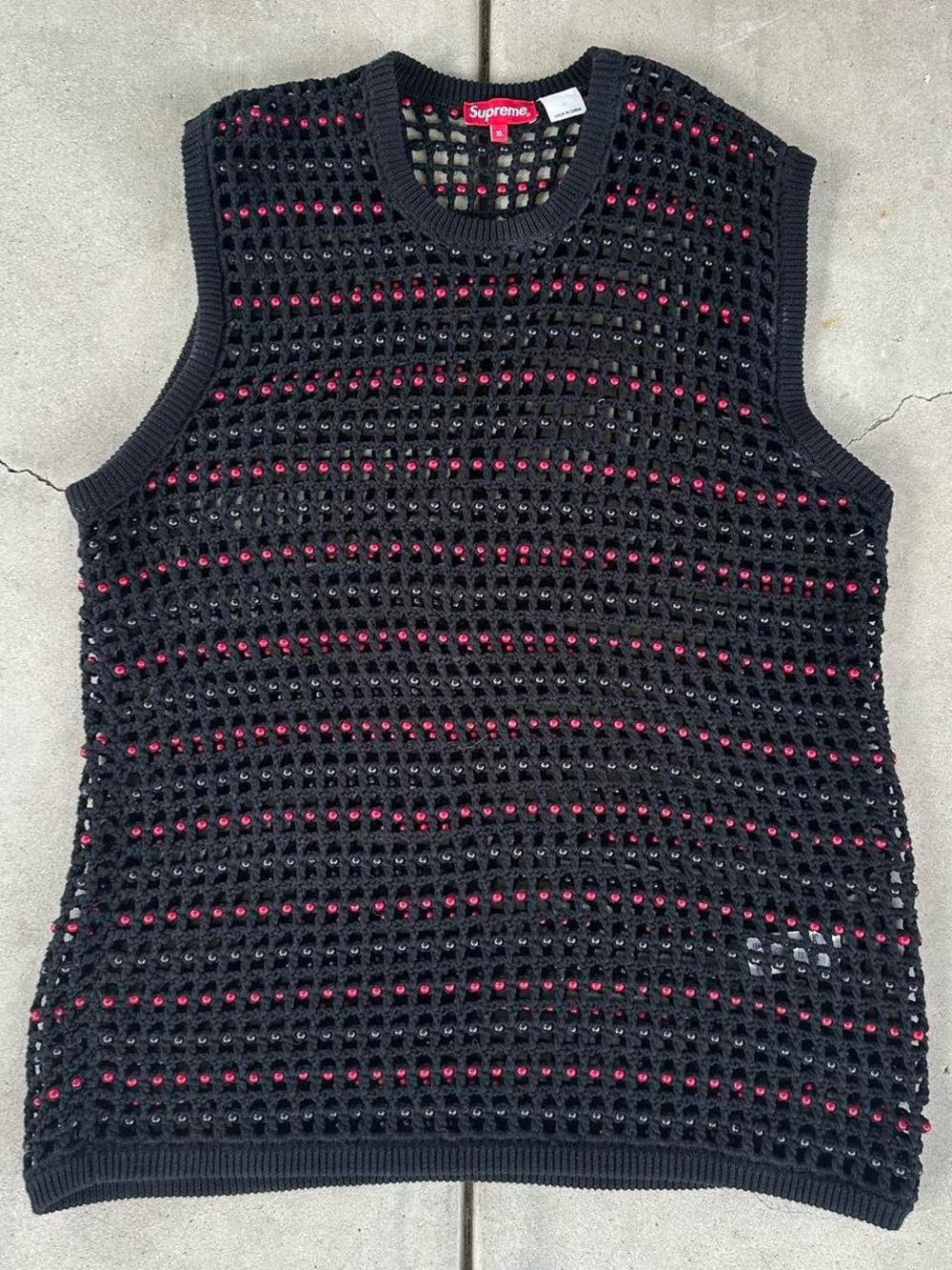 Supreme Black Knit Tank with Red Bead Detail